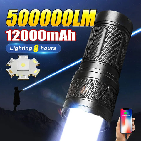 9000000LM Rechargeable Tactical LED Flashlight – 600W, Long-Range Beam, 12000mAh Power Bank, Waterproof & Zoomable