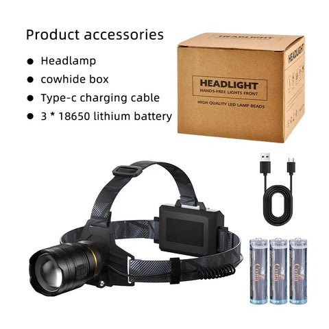 COBA XHP360 Ultra-Bright 36-Core Rechargeable Headlamp – 5 Light Modes, 2000m Range, Zoom Beam, IP68 Waterproof