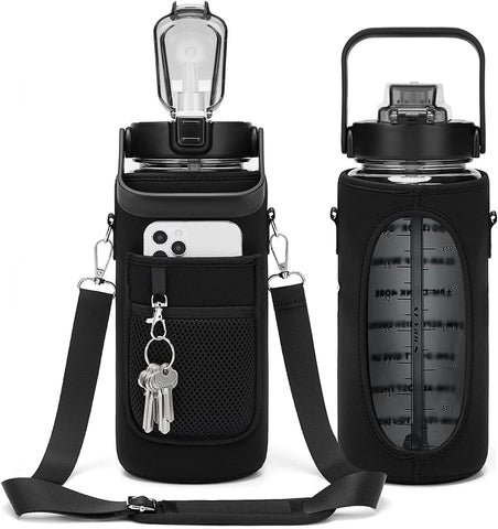 Half Gallon Motivational Water Bottle with Sleeve – 64oz Leak-Proof BPA-Free Bottle with Straw, Time Markers & Adjustable Strap