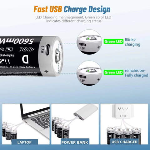 MATOV USB Rechargeable D Size Battery – 1.5V 5600mWh LR20 Lithium-ion D-Cell (2 or 4 Pack)