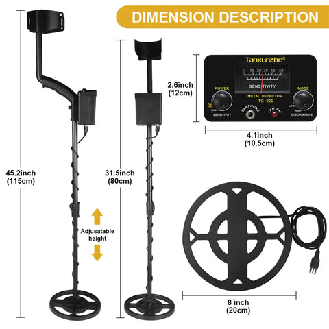 TC-200 Advanced Metal Detector – Adjustable Underground Gold & Metal Tracker with Waterproof Search Coil