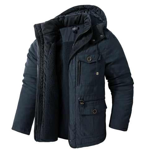 Men’s Hooded Winter Jacket – Thick Lamb Fleece Lining, Multi-Pocket,