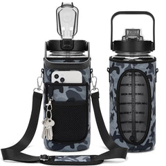 Half Gallon Motivational Water Bottle with Sleeve – 64oz Leak-Proof BPA-Free Bottle with Straw, Time Markers & Adjustable Strap