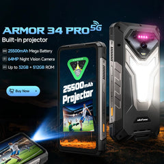 Ulefone Armor 34 Pro 5G – Rugged AI Smartphone with Built-in Projector, 25500mAh Battery, 120Hz Display, and 32GB+512GB Storage