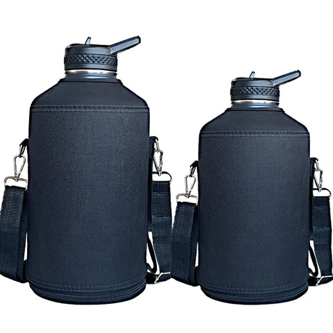 64oz / 128oz Insulated Water Bottle Carrier Bag with Strap – Protective Neoprene Sleeve for Thermos, Mug & Tumbler – Crossbody Holder for Hiking, Camping & Outdoor Use (Black)