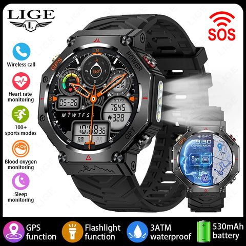 LIGE 2025 GPS Smartwatch for Men – Outdoor Sport Watch with AI Assistant, Compass, Altimeter, Barometer, and 3ATM Waterproof Protection