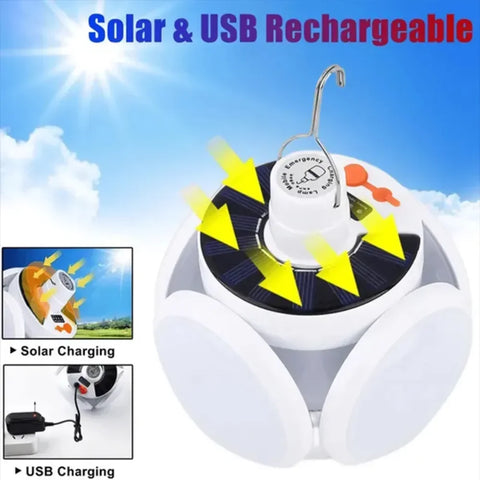 Solar Folding LED Camping Lantern – USB Rechargeable Emergency Light with 5 Modes & Hook (2400mAh, Waterproof, Remote Optional)