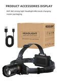 COBA XHP360 Ultra-Bright 36-Core Rechargeable Headlamp – 5 Light Modes, 2000m Range, Zoom Beam, IP68 Waterproof