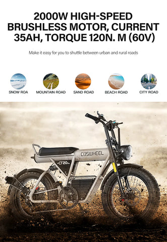 Coswheel CT20S 2000W Electric Dirt Bike – 60V 27.5Ah Fat Tire Ebike for Adults (20" Off-Road Tires, 161km Range)