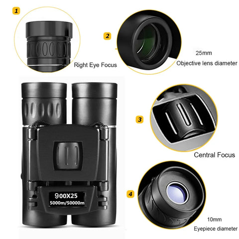 900x HD Long-Range Binoculars – Compact Folding Mini Telescope with BAK4 Prism & FMC Optics (Black)