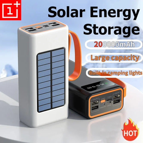 ONEPLUS 200,000mAh Solar Power Bank – Built-in Cables, LED Light, Fast Charging, High-Capacity External Battery