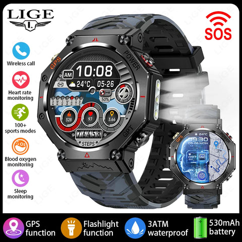 LIGE 2025 GPS Smartwatch for Men – Outdoor Sport Watch with AI Assistant, Compass, Altimeter, Barometer, and 3ATM Waterproof Protection