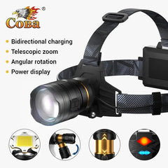 COBA XHP360 Ultra-Bright 36-Core Rechargeable Headlamp – 5 Light Modes, 2000m Range, Zoom Beam, IP68 Waterproof