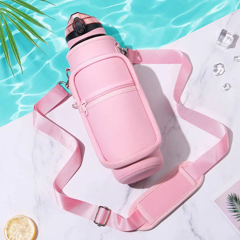 32 oz Motivational Water Bottle with Sleeve – Leakproof BPA-Free Bottle with Straw, Time Marker & Adjustable Strap Carrier (1L)