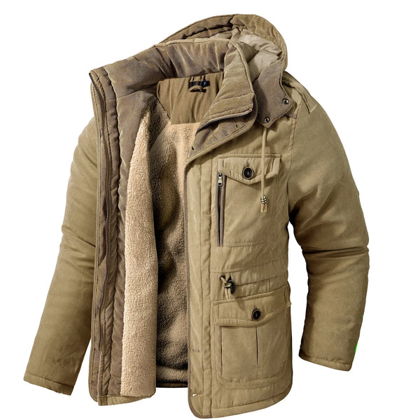 Men’s Hooded Winter Jacket – Thick Lamb Fleece Lining, Multi-Pocket,