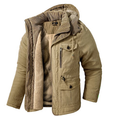 Men’s Hooded Winter Jacket – Thick Lamb Fleece Lining, Multi-Pocket,