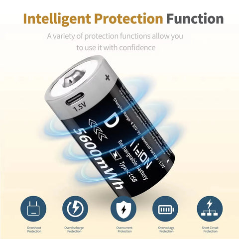 MATOV USB Rechargeable D Size Battery – 1.5V 5600mWh LR20 Lithium-ion D-Cell (2 or 4 Pack)