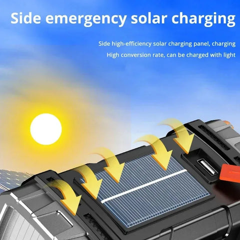Powerful LED Flashlight – USB + Solar Rechargeable Camping Torch & Power Bank