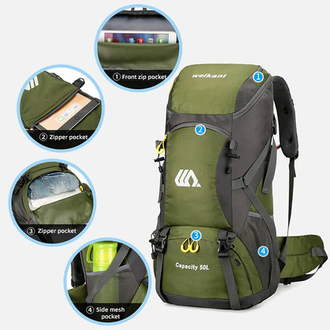 50L Waterproof Hiking Backpack – Large Travel Rucksack with Shoe Compartment