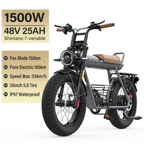 Coswheel CT20S 2000W Electric Dirt Bike – 60V 27.5Ah Fat Tire Ebike for Adults (20" Off-Road Tires, 161km Range)