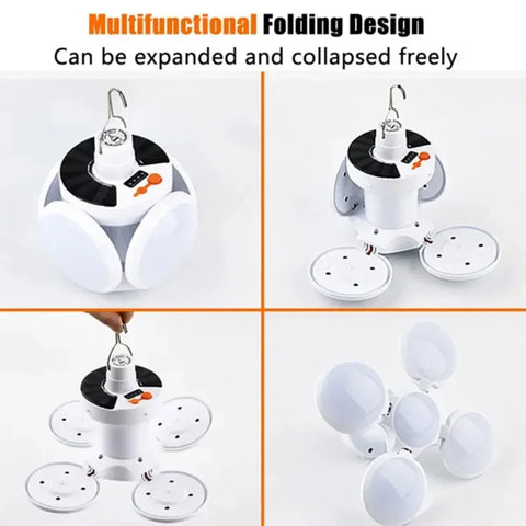 Solar Folding LED Camping Lantern – USB Rechargeable Emergency Light with 5 Modes & Hook (2400mAh, Waterproof, Remote Optional)