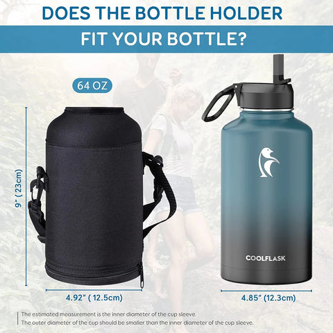 64oz / 128oz Insulated Water Bottle Carrier Bag with Strap – Protective Neoprene Sleeve for Thermos, Mug & Tumbler – Crossbody Holder for Hiking, Camping & Outdoor Use (Black)