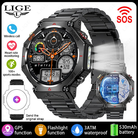 LIGE 2025 GPS Smartwatch for Men – Outdoor Sport Watch with AI Assistant, Compass, Altimeter, Barometer, and 3ATM Waterproof Protection