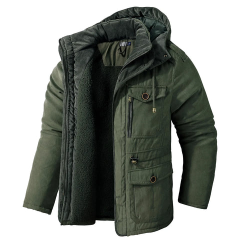 Men’s Hooded Winter Jacket – Thick Lamb Fleece Lining, Multi-Pocket,