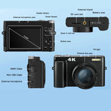 Melcam 4K Digital Camera with Flip Screen – 48MP Autofocus Vlogging Camera for Photography & Video, Anti-Shake, Flash, 16X Zoom