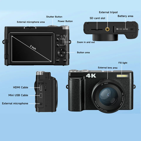 Melcam 4K Digital Camera with Flip Screen – 48MP Autofocus Vlogging Camera for Photography & Video, Anti-Shake, Flash, 16X Zoom