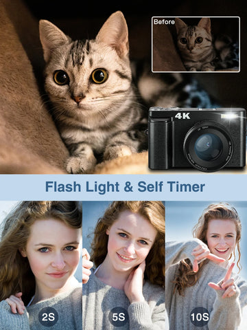 Melcam 4K Digital Camera with Flip Screen – 48MP Autofocus Vlogging Camera for Photography & Video, Anti-Shake, Flash, 16X Zoom