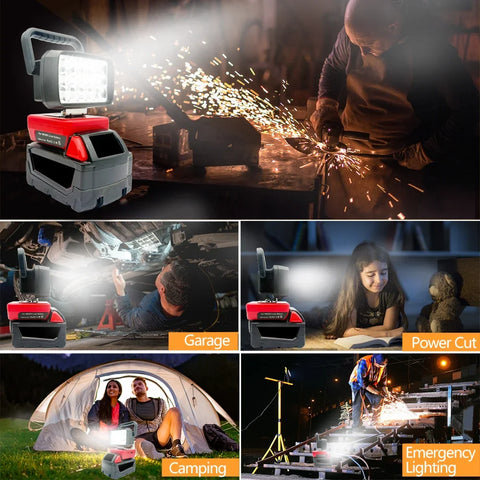 18-LED Portable Work Light – Compatible with Makita, Milwaukee & DeWalt 18V/20V Batteries – 1500LM Spotlight Torch with USB Output