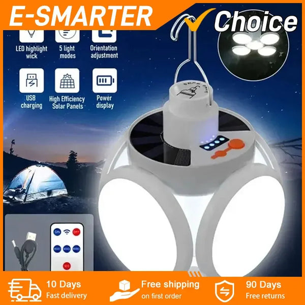 Solar Folding LED Camping Lantern – USB Rechargeable Emergency Light with 5 Modes & Hook (2400mAh, Waterproof, Remote Optional)