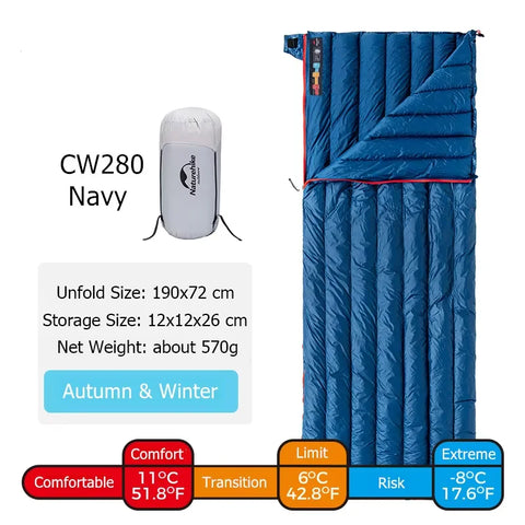 Naturehike CW280 / CWM400 Ultralight Goose Down Sleeping Bag – 3-Season Waterproof, Compact & Connectable