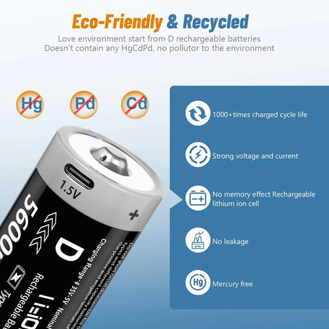 MATOV USB Rechargeable D Size Battery – 1.5V 5600mWh LR20 Lithium-ion D-Cell (2 or 4 Pack)
