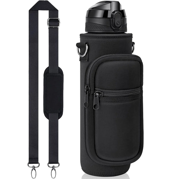 32 oz Motivational Water Bottle with Sleeve – Leakproof BPA-Free Bottle with Straw, Time Marker & Adjustable Strap Carrier (1L)