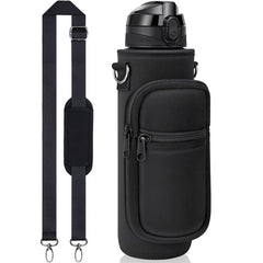 32 oz Motivational Water Bottle with Sleeve – Leakproof BPA-Free Bottle with Straw, Time Marker & Adjustable Strap Carrier (1L)