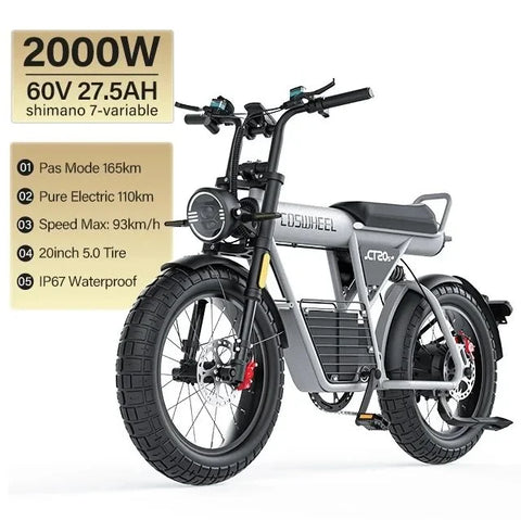 Coswheel CT20S 2000W Electric Dirt Bike – 60V 27.5Ah Fat Tire Ebike for Adults (20" Off-Road Tires, 161km Range)