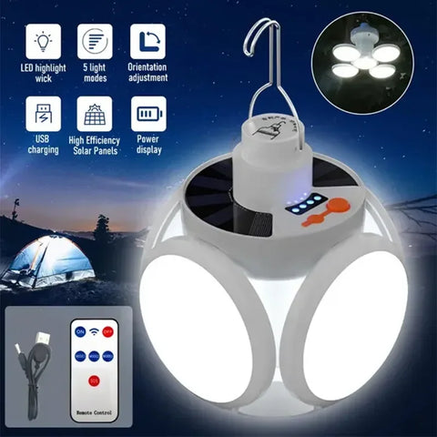 Solar Folding LED Camping Lantern – USB Rechargeable Emergency Light with 5 Modes & Hook (2400mAh, Waterproof, Remote Optional)