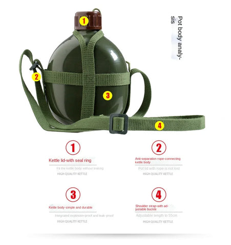 Military-Grade Aluminum Water Bottle with Shoulder Strap – 2L/3L Canteen & Cooking Cup for Hiking & Outdoor Survival