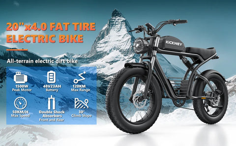Kickwey K7 1500W Fat Tire Electric Bike – 48V 23Ah Lithium, 46km/h Mountain E-Bike for Adults