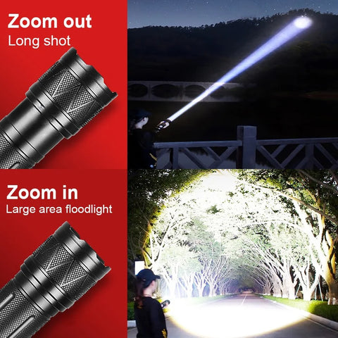 9000000LM Rechargeable Tactical LED Flashlight – 600W, Long-Range Beam, 12000mAh Power Bank, Waterproof & Zoomable