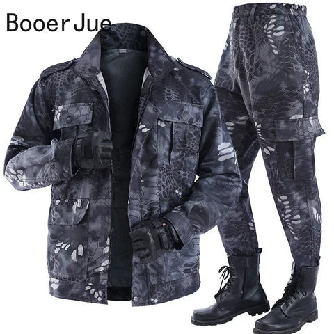 Men’s Wear-Resistant Outdoor Workwear Set – Black Python Pattern | Durable Polyester Tracksuit