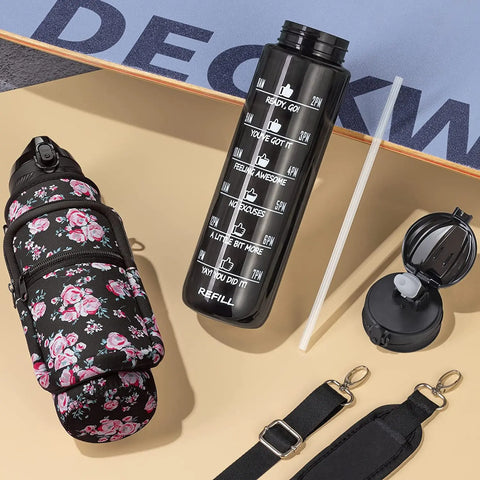 32 oz Motivational Water Bottle with Sleeve – Leakproof BPA-Free Bottle with Straw, Time Marker & Adjustable Strap Carrier (1L)