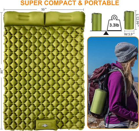 Double Camping Air Mattress with Built-In Pillows – Ultralight Inflatable Sleeping Pad for 2 – Waterproof, Compact & Durable