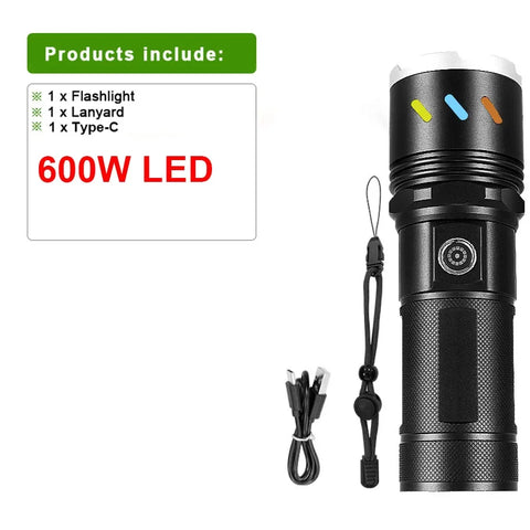 9000000LM Rechargeable Tactical LED Flashlight – 600W, Long-Range Beam, 12000mAh Power Bank, Waterproof & Zoomable