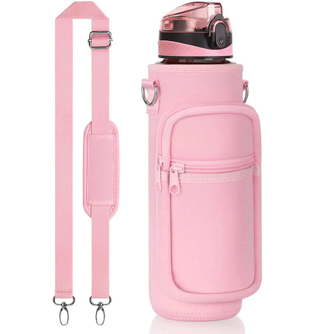 32 oz Motivational Water Bottle with Sleeve – Leakproof BPA-Free Bottle with Straw, Time Marker & Adjustable Strap Carrier (1L)