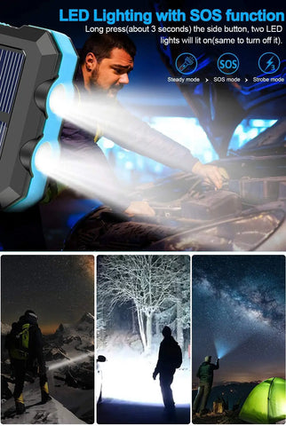 Solar Power Bank – Waterproof, Fast Charging, High-Capacity Powerbank with SOS & LED Light for Outdoor Survival
