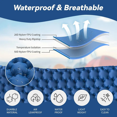 Double Camping Air Mattress with Built-In Pillows – Ultralight Inflatable Sleeping Pad for 2 – Waterproof, Compact & Durable
