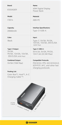 Essager 20000mAh 65W PD Power Bank – Fast Charging Portable Battery with Built-in Cables & LED Lamp